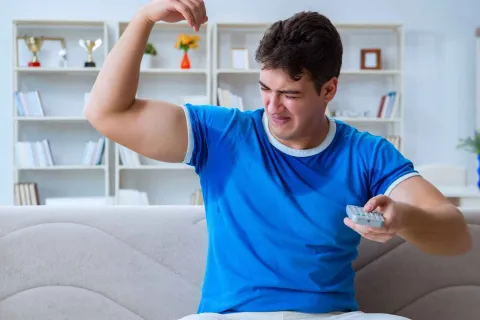 Young man in blue shirt flexing his bicep and holding a TV remote on a couch at home.