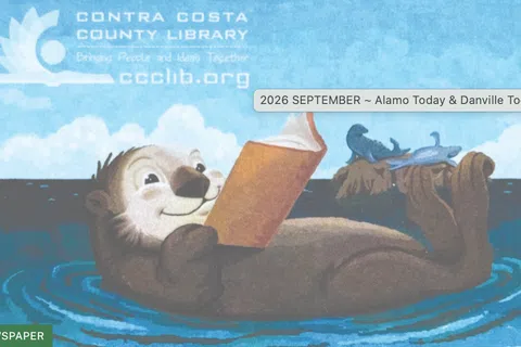 Illustration of a sea otter floating on its back reading a book with seals on a rock in the ocean under a blue sky.