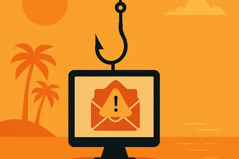 Computer monitor with phishing email alert hooked on fishing line over tropical background with palm trees and sun.