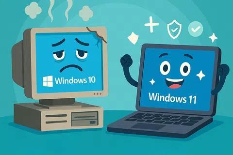 Cartoon of sad old Windows 10 desktop and happy modern Windows 11 laptop side by side expressing software upgrade contrast.