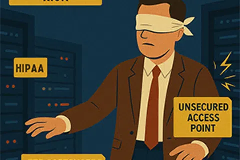 Blindfolded man in suit navigating data servers with warnings about HIPAA violation risk and unsecured access points.