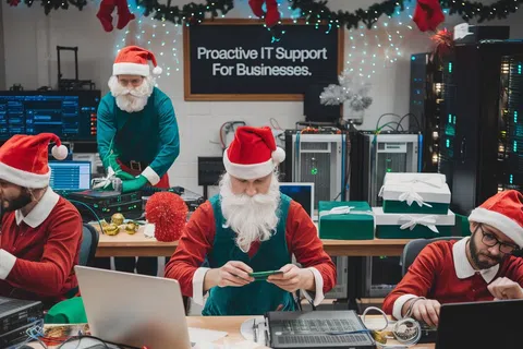 a group of men wearing santa hats