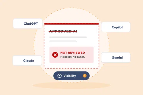 Illustration showing AI tools ChatGPT, Claude, Copilot, Gemini around a document marked Not Reviewed and Visibility alert.