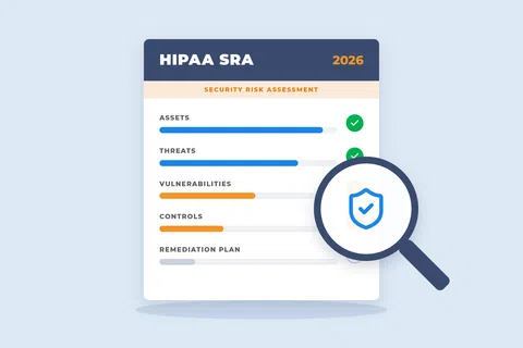 HIPAA SRA 2026 security risk assessment with progress bars for assets, threats, vulnerabilities, controls, and remediation plan.