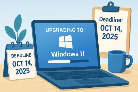 Laptop displaying Windows 11 upgrade screen with Oct 14, 2025 deadline on desk calendars and a coffee mug.