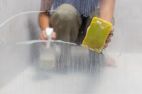 Person cleaning a foggy glass shower door with a yellow sponge and spray bottle in bathroom.