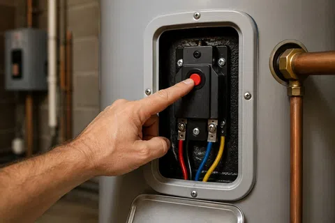 Person pressing red reset button on water heater with visible colored wires and copper pipe