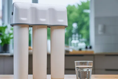 White three-stage water filter system on kitchen counter with glass of clean water beside it