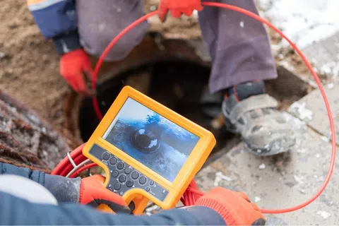 Worker uses a sewer inspection camera with monitor to check underground pipes near a street hole.