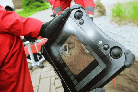 Technicians in red uniforms operate a handheld inspection device showing underground pipe condition.