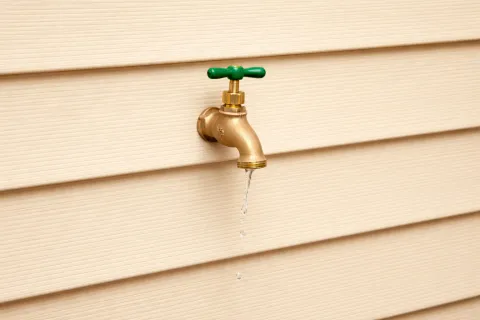 Brass outdoor water faucet with green handle leaking water against beige siding background.