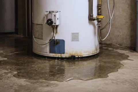Leaking water heater causing puddle and potential damage on basement concrete floor with visible pipes.