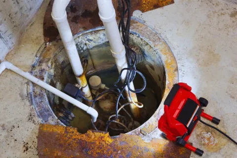 Open sump pit with white pipes and a red sump pump attached with black cables on concrete floor.