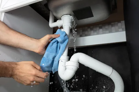 A person cleaning a leaking pipe under a kitchen sink with a blue cloth, water splashing.
