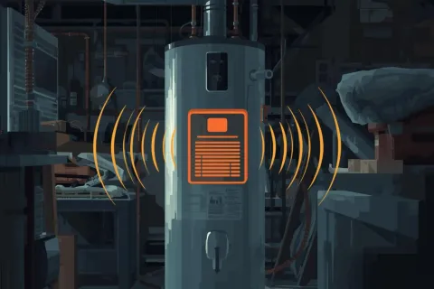 Water heater in basement surrounded by orange sound waves indicating noise or vibration detection.
