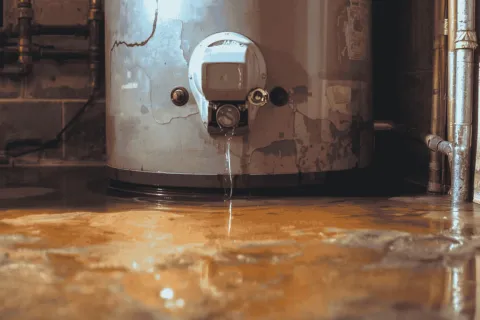 Leaking water heater with water dripping onto wet basement floor causing potential damage and rust.