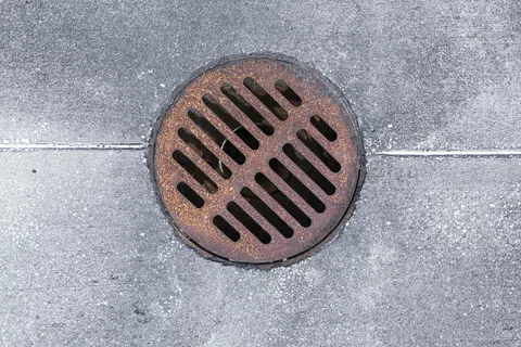 Rusty round metal drain cover embedded in gray concrete pavement with diagonal slits