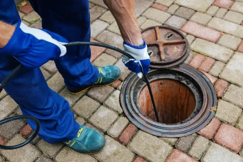 Worker in blue gloves and shoes inserting a cable into an open manhole on a paved surface for maintenance.