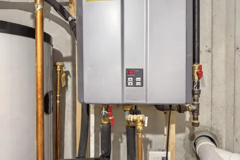 Tankless water heater and copper piping installed on a basement concrete wall with visible valves and insulation.