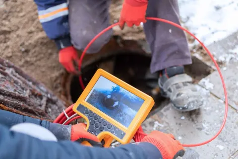 Technician uses a sewer inspection camera with monitor to check pipes through an open manhole outdoors.