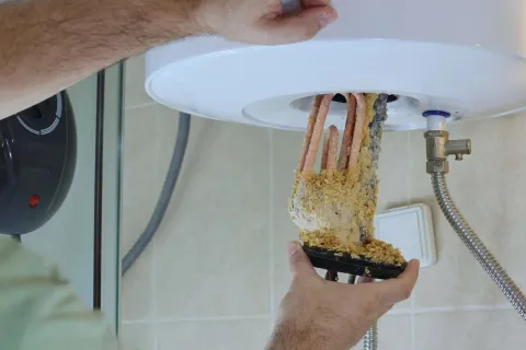 Hands removing a heavily corroded heating element from a water heater for maintenance or replacement.