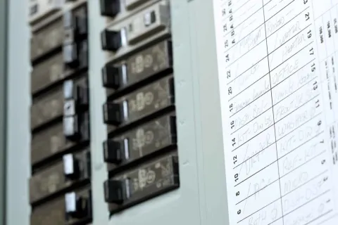 Close-up of an electrical panel with labeled circuit breakers and a hand-written checklist on the side.