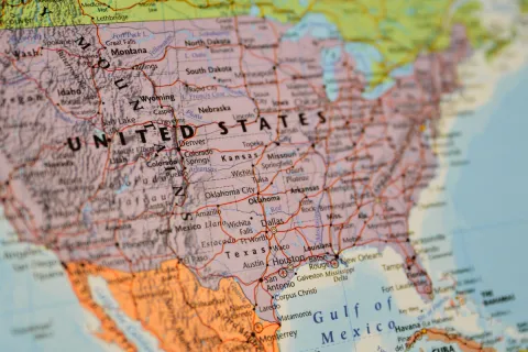 Map showing the United States, Mexico, and parts of Canada with major cities and geographic details.