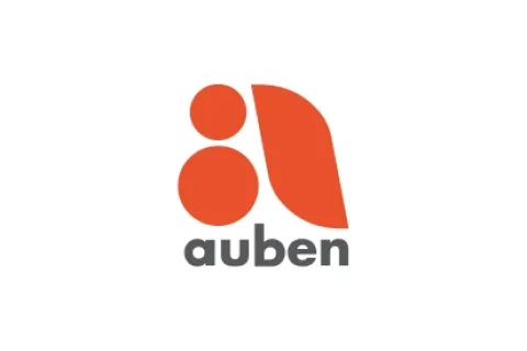 Auben logo with two orange circular shapes and one orange leaf-like shape above gray lowercase text aubens