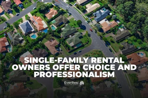 Aerial view of single-family homes in a neighborhood with text about rental owners offering choice and professionalism.