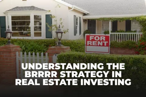Suburban house with a For Rent sign and text about BRRRR real estate investing strategy.