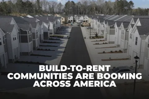 A modern build-to-rent community with rows of townhomes and the text about their growth in America.