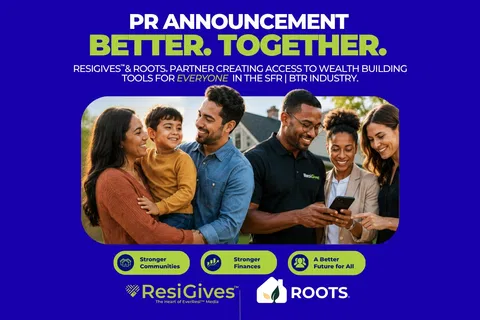 Diverse group of smiling people interacting outdoors promoting ResiGives and Roots partnership for wealth building.