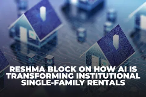 Digital houses on a circuit board background with text about AI transforming single-family rentals.