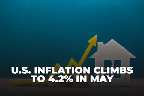 U.S. inflation rises to 4.2% in May with upward yellow arrow and house icon in background.