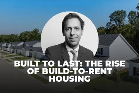 Portrait of a man over suburban build-to-rent housing with text about the rise of rental homes.