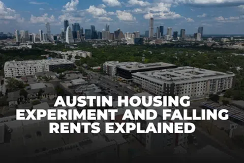 Austin city skyline with mid-rise housing and text about housing experiment and falling rents.