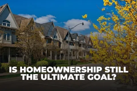 Row of suburban houses on a sunny day with yellow flowering tree and text about homeownership goals.