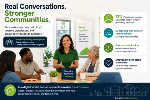 Diverse group in discussion around table highlighting stronger communities and resident advisory panels for better connections.