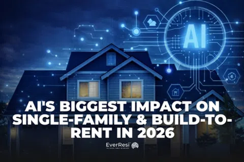 House at night with glowing AI digital network graphic showing AI's impact on single-family housing and rentals in 2026