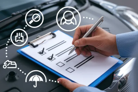 Person completing a car inspection checklist on a clipboard with automotive and insurance icons around.
