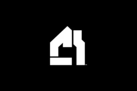 White abstract house-shaped logo on a black background symbolizing real estate or construction.