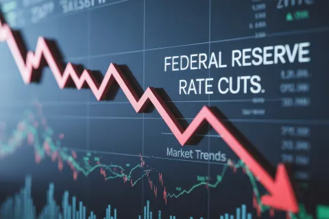 Red downward arrow graph illustrating Federal Reserve rate cuts and declining market trends on a financial chart.
