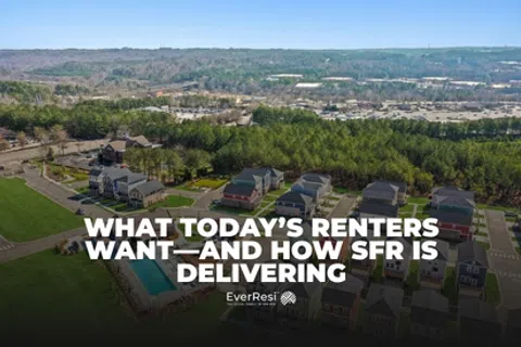 Aerial view of a suburban residential neighborhood with homes and a pool, text about renters and SFR delivery.