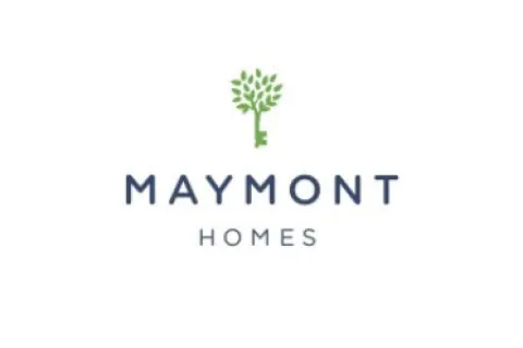 Maymont Homes logo featuring a green tree-key graphic above modern blue typography on a white background