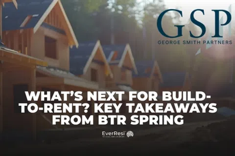 Sunlit row of wooden houses under construction with overlay text about build-to-rent key takeaways.