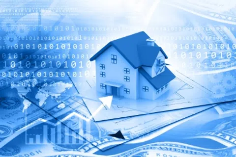 3D house model on blueprints with financial data and binary code symbolizing real estate investment and technology