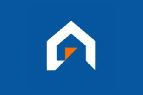 Minimalist white house icon with an orange square on a solid blue background.