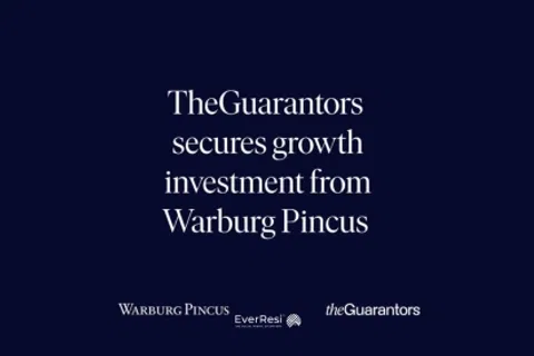 TheGuarantors announces securing growth investment from Warburg Pincus with partner logos on dark background.