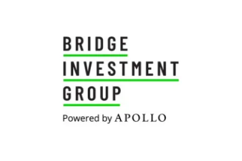 Logo for Bridge Investment Group powered by Apollo with green underlines beneath text on white background