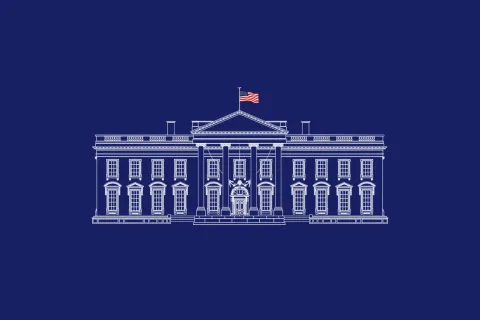 Outline illustration of the White House with American flag on dark blue background